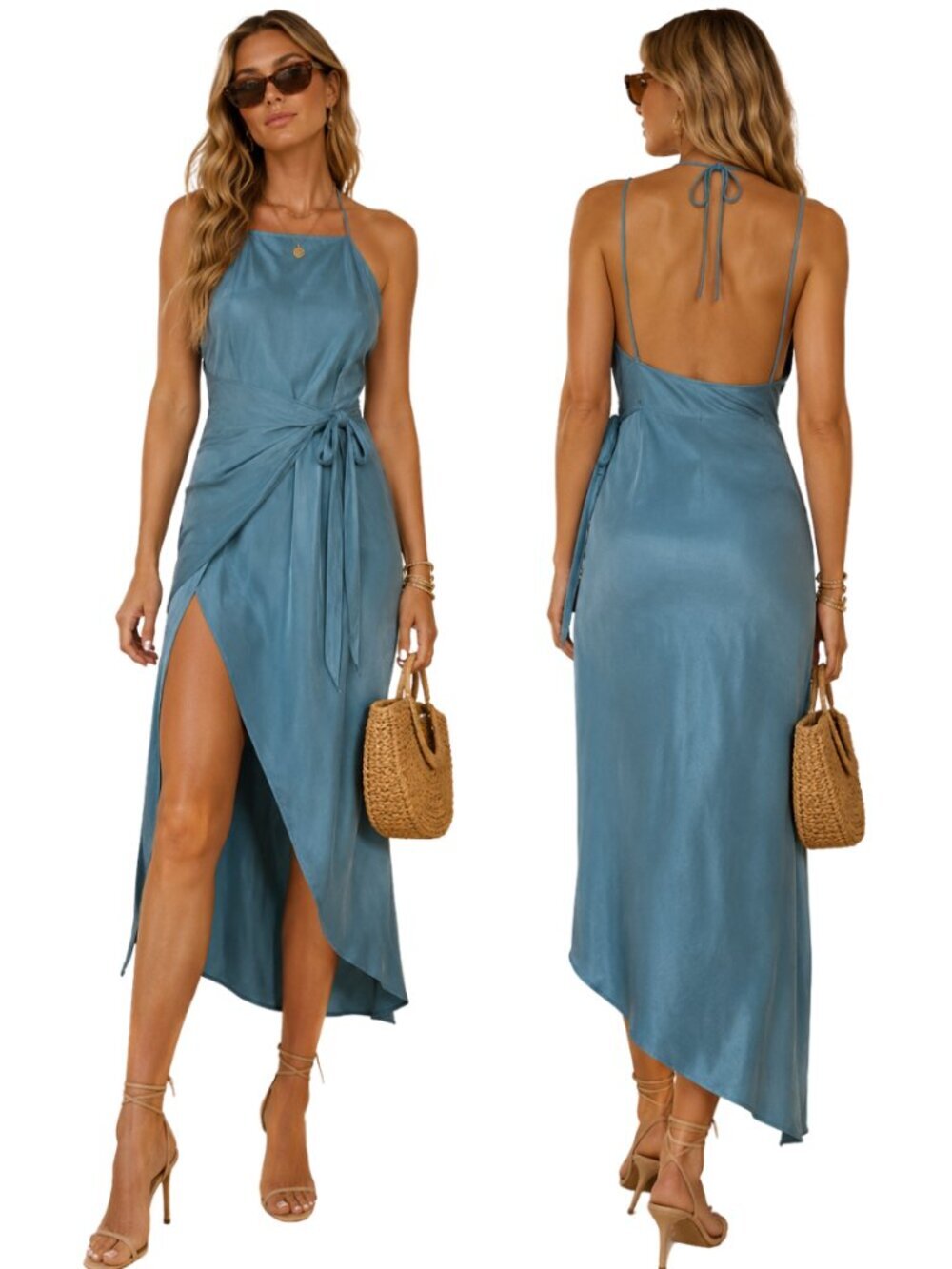 R.G. Kane Paloma Midi Slip Dress Womens Small Blue Cocktail Party Side Slit NWOT